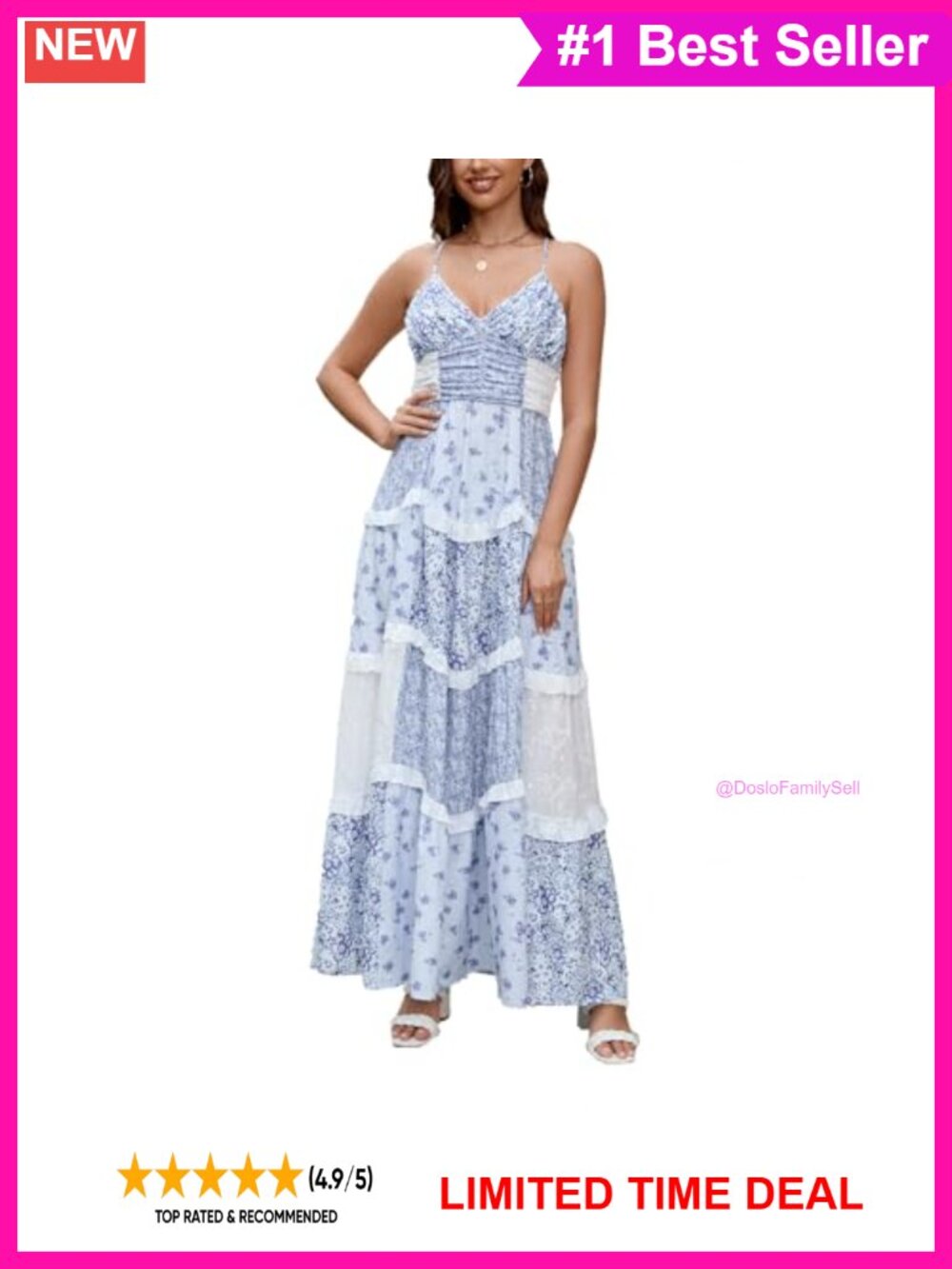 Women Floral Patchwork Maxi Dress V Neck Spaghetti Strap Tiered Sundress